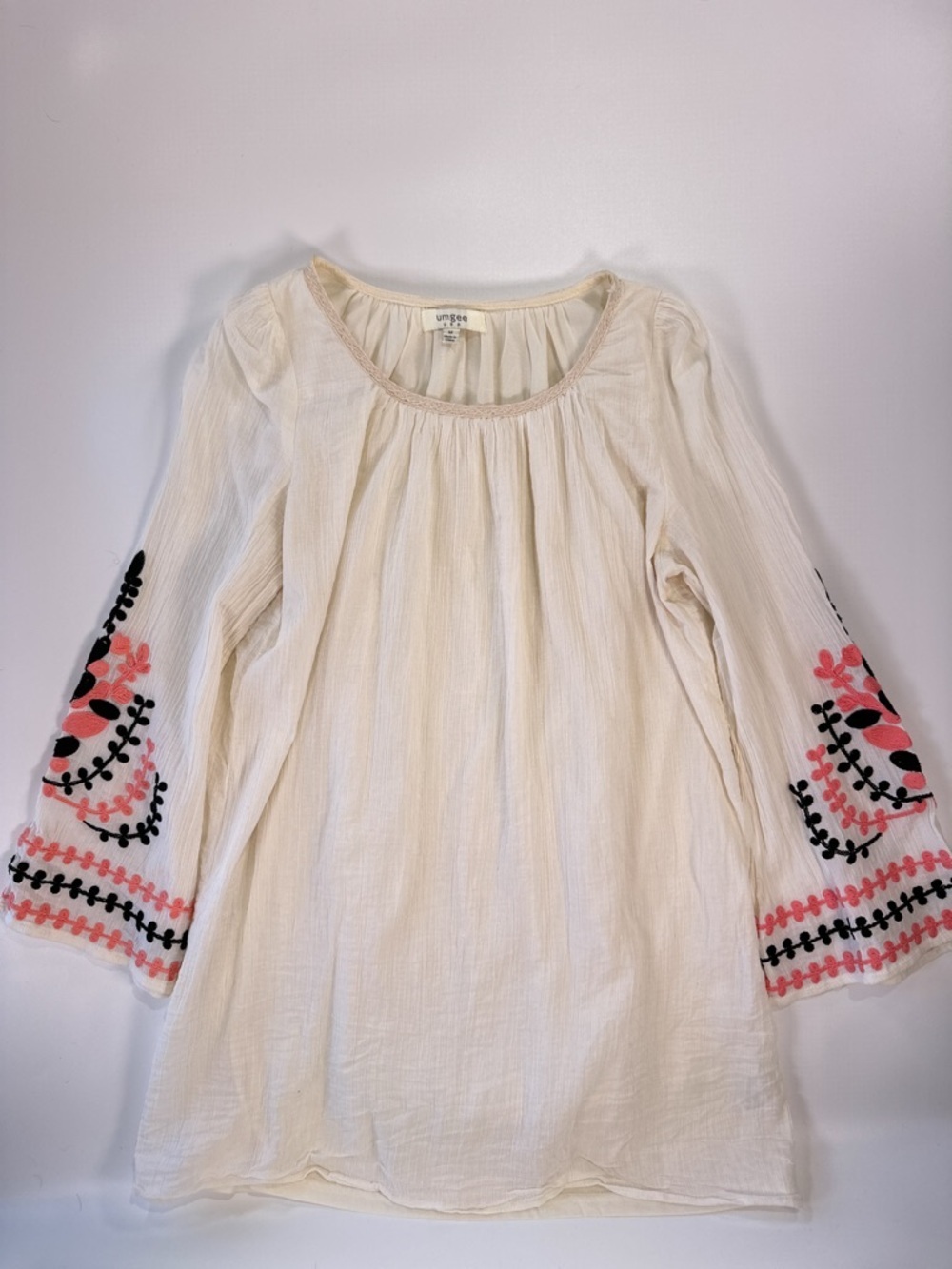 Umgee Women’s Embroidered Sleeve Peasant Blouse Cream Boho Size M - Picture 2 of 12